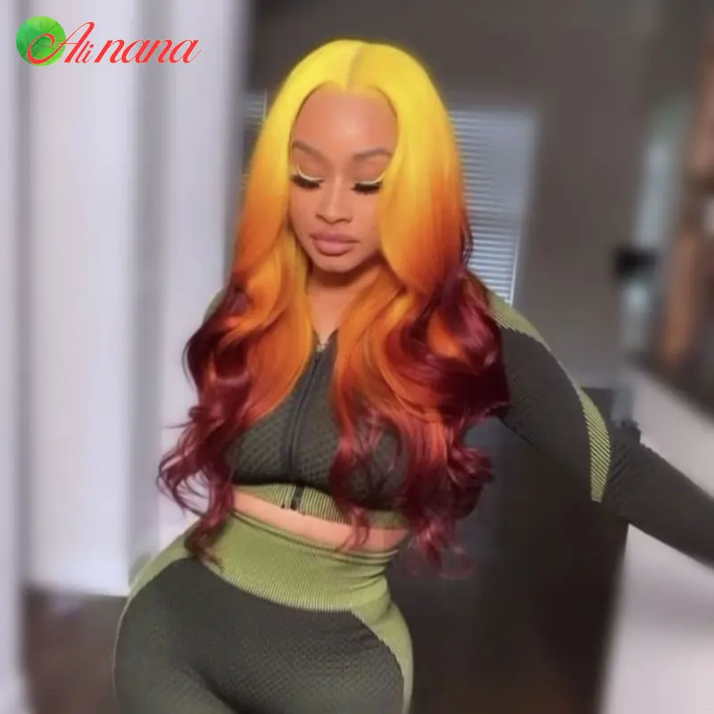 Peruca 3 tons de cabelo humano, cor amarela, laranja, vermelho, ombré, 13x4, renda frontal, pré-selecionado, malásia, para mulheres negras, densidade 150%