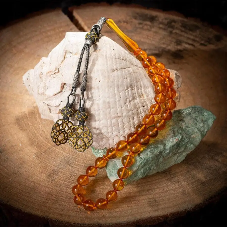 

Silver Yellow Amber Gemstone Prayer Rosary Men Round Cut Rosary With Silver Tassel Arabic Tasbih With Knitting Model Tassel 925k