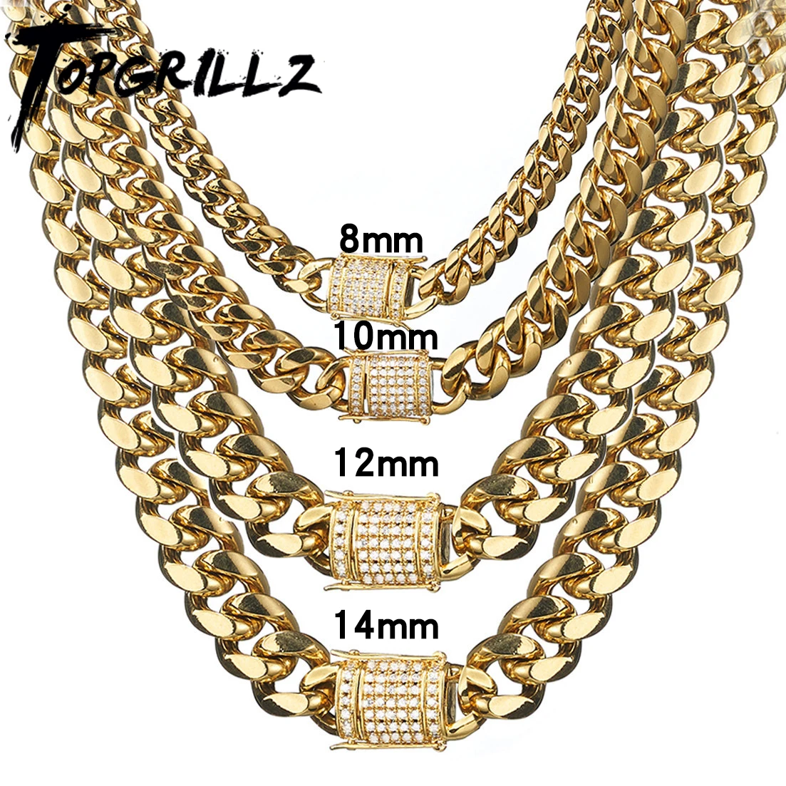 TOPGRILLZ naszyjnik zestaw bransoletek 8/10/12/14MM stal nierdzewna złoty Miami kubański łańcuszek Hip Hop modna biżuteria na prezent dla mężczyzn