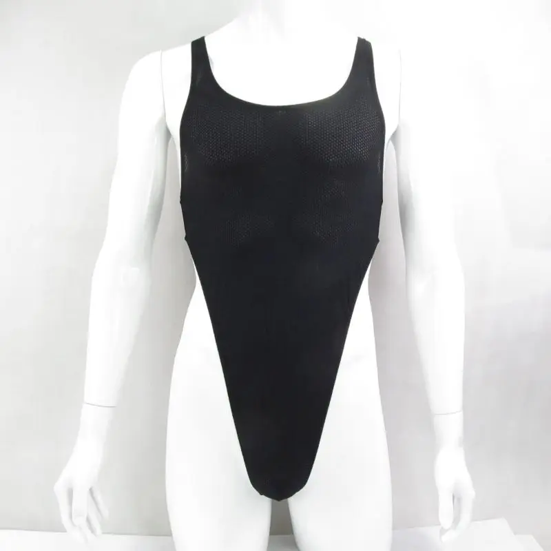 G428D Mens bodysuit Thong Leotard Racer Back Nylon spandex slightly C-thru honeycomb mesh