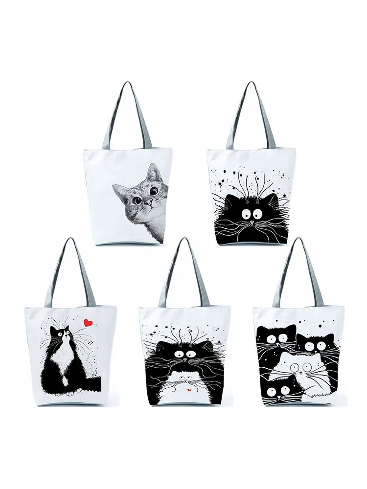 Cute Cat Women Handbags Foldable Harajuku Eco Totes Daily Casual Bags Creative Birthday Party Gift Custom Pattern Wife\'s Shopper