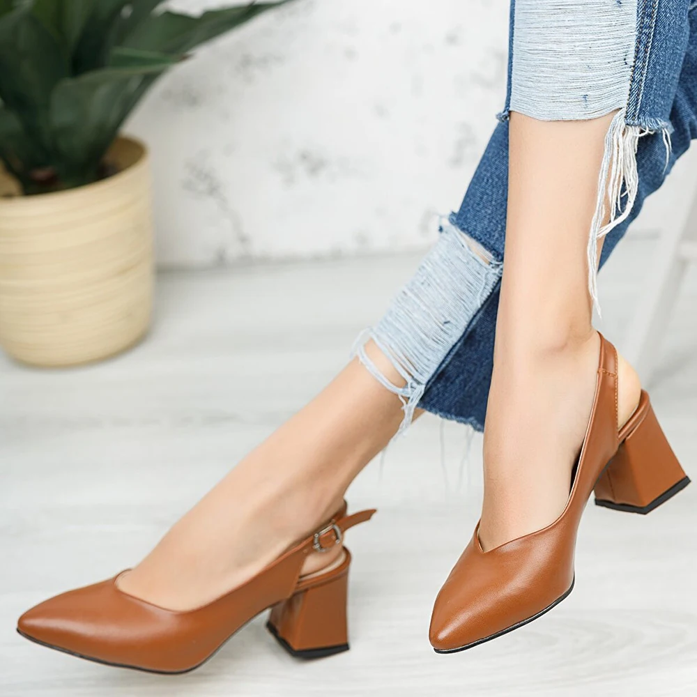 Brown Faux Leather Ankle Strap Women Sandals Pointed Toe Heels for Women Thick Heel Pumps for Women 7 cm Heels Ladies Pumps