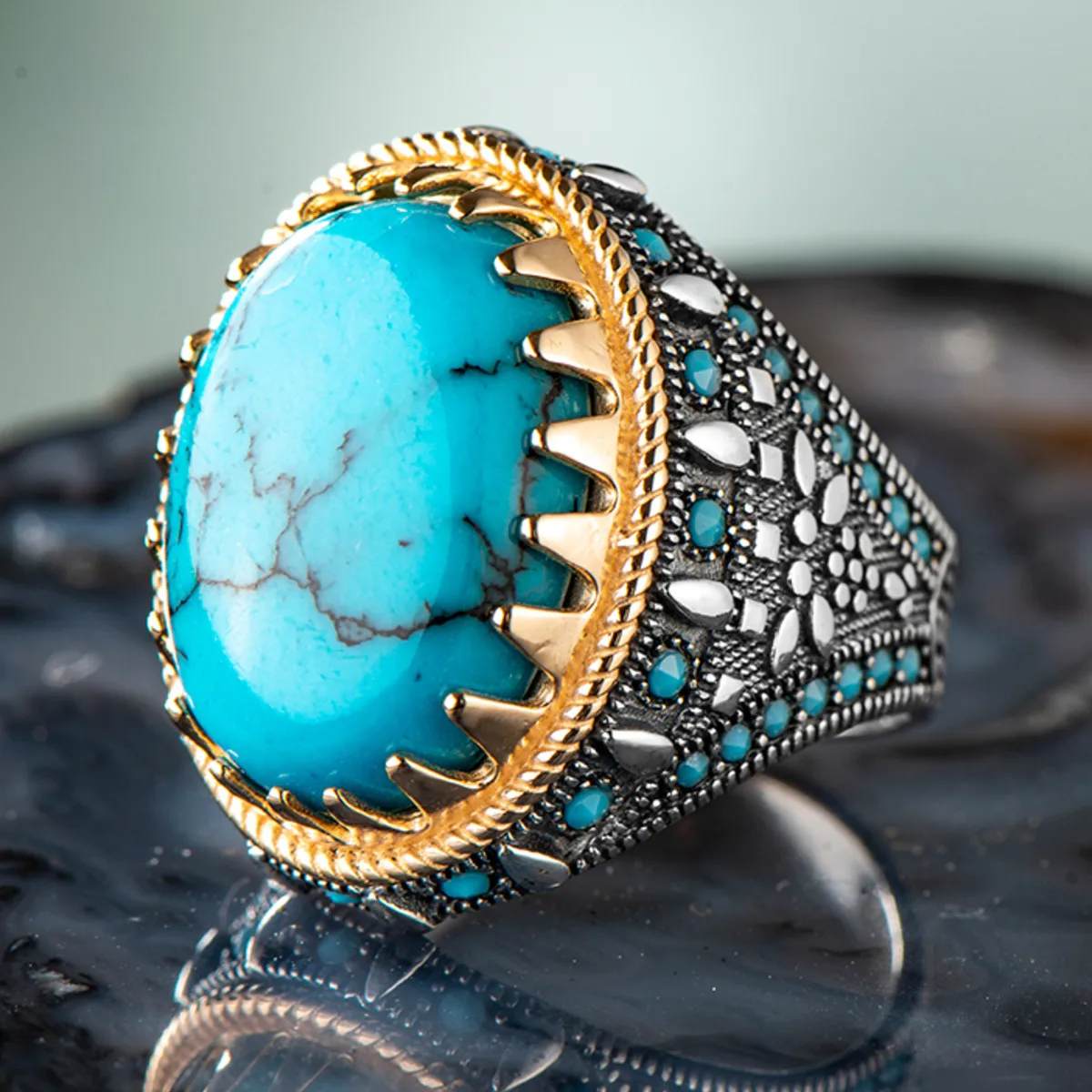 

925 Sterling Silver Turquoise Stone Men's Ring Exclusive Accessory for Men Special Ornamented Ring for Men Made in Turkey