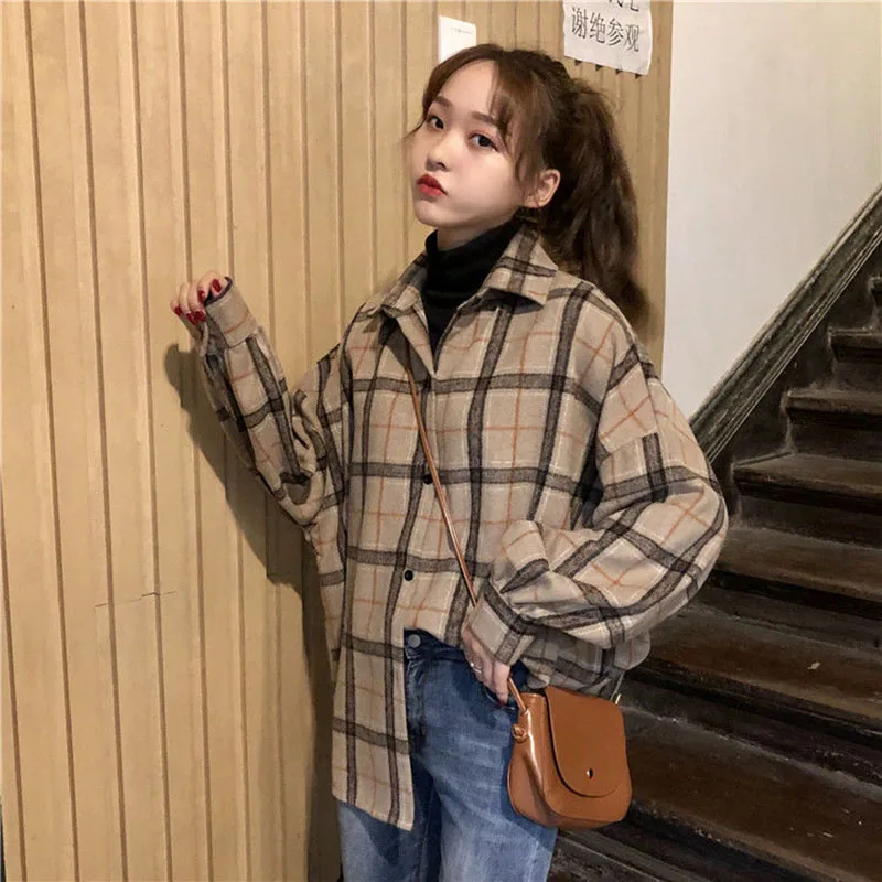 Weibliche Herbst Street Bluse Shirts Vintage Übergroßen Plaid Flanell Freund Tunika Shirt für Frauen Casual Koreanische Tops