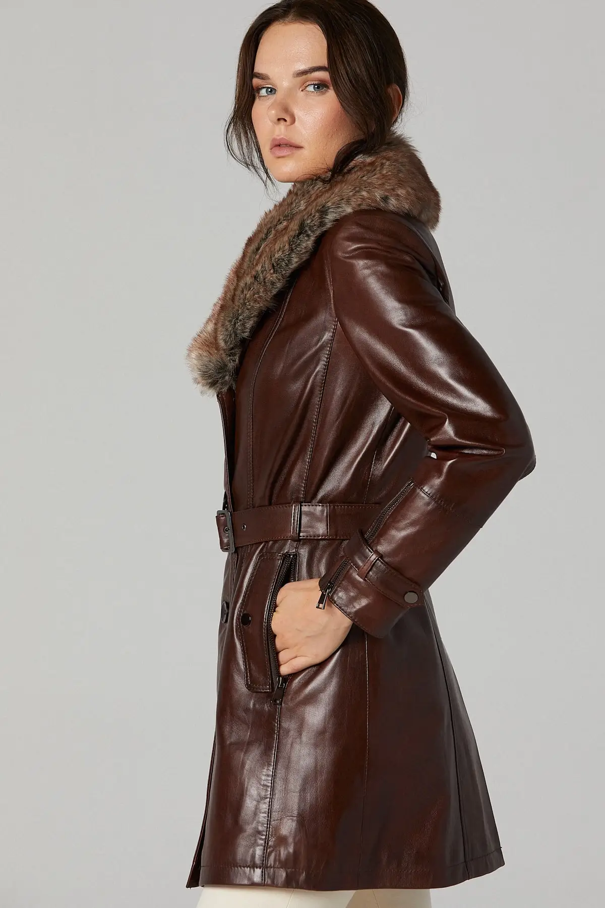 Women brown slim genuine sheepskin coat casual autumn and winter clothing free shipping Long Jacket