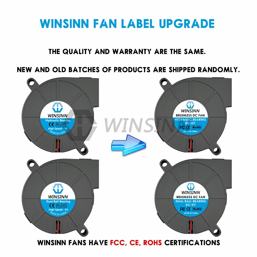 WINSINN 5015 50mm Blower Fan 5V 12V 24V, 3D Printer Micro Hydraulic / Dual Ball Bearing, Brushless Cooling 50x15mm 2PIN [4-Pack]