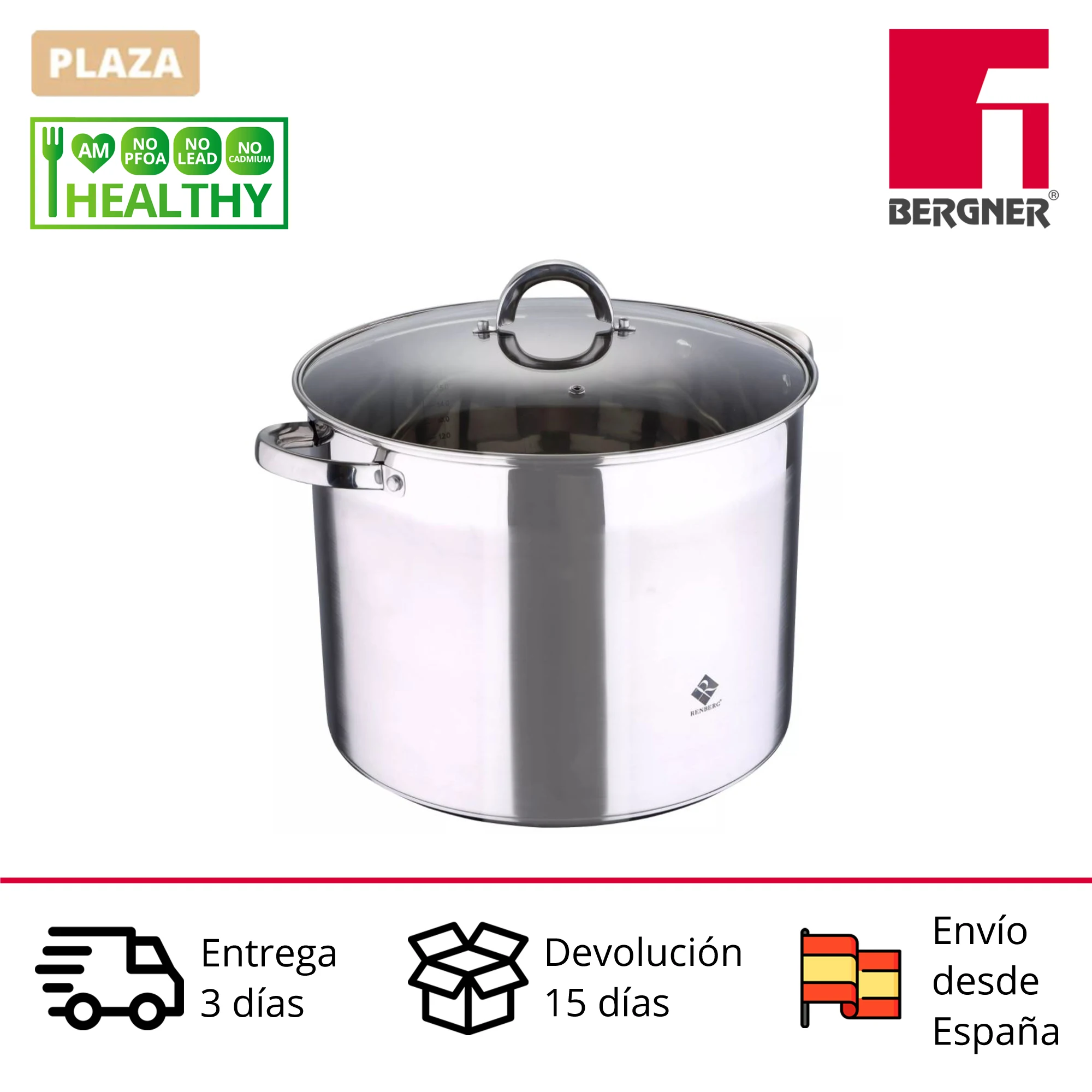 20 liter RENBERG stainless steel pot 32x25 cm with glass lid with bottom fit for all fires