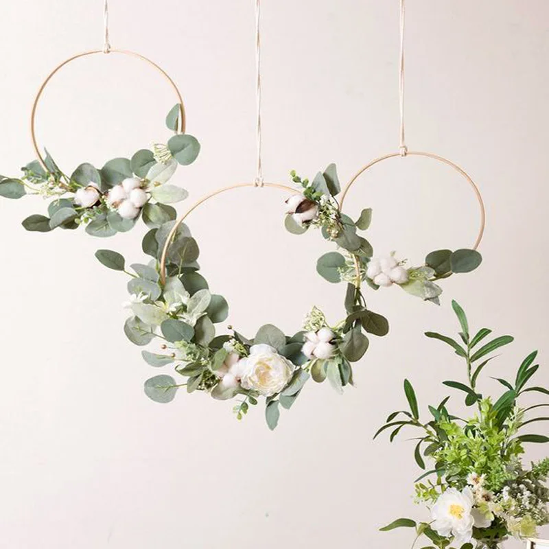 10-29cm Bamboo Ring Home decor Artificial Rose Flower Portable circle Wood Hoop garland Rustic Wedding decoration Hanging Wreath