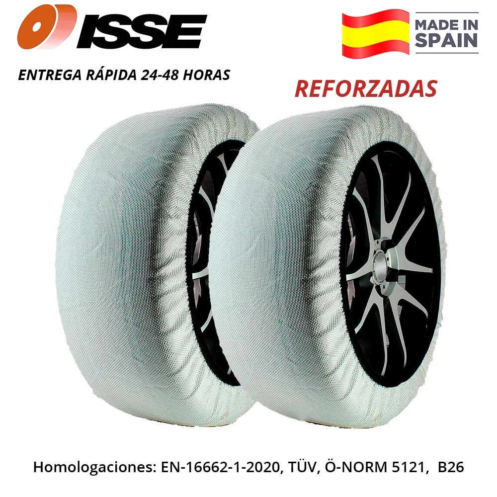 Isse Super textile snow covers replaces the heavy duty 100% reinforced snow chains made in Spain with all approvals in-16662-1-2020, TÜV, Ö-NORM 5121 and B26 contains 2 cases