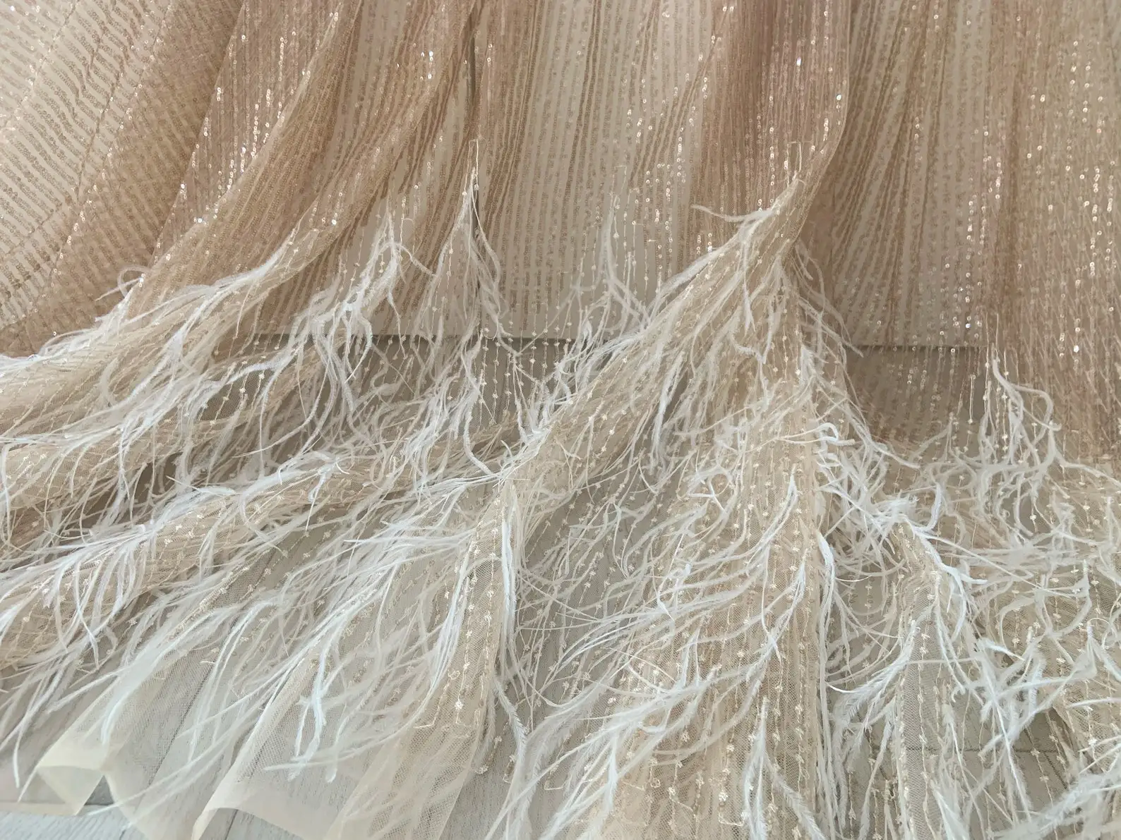 1 Yard Rose Gold Sparkle Sequined Tulle Fabric With Ostrich Feather, French Bead Lace Fabric For Haute Couture Dress,