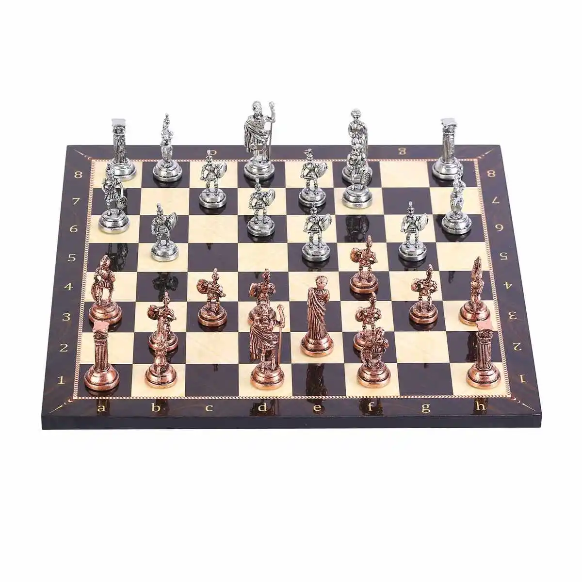 Historical Antique Copper Rome Figures Metal Chess Set, Handmade Pieces, walnut Patterned Wood Chess Board Small Size King 4.8cm