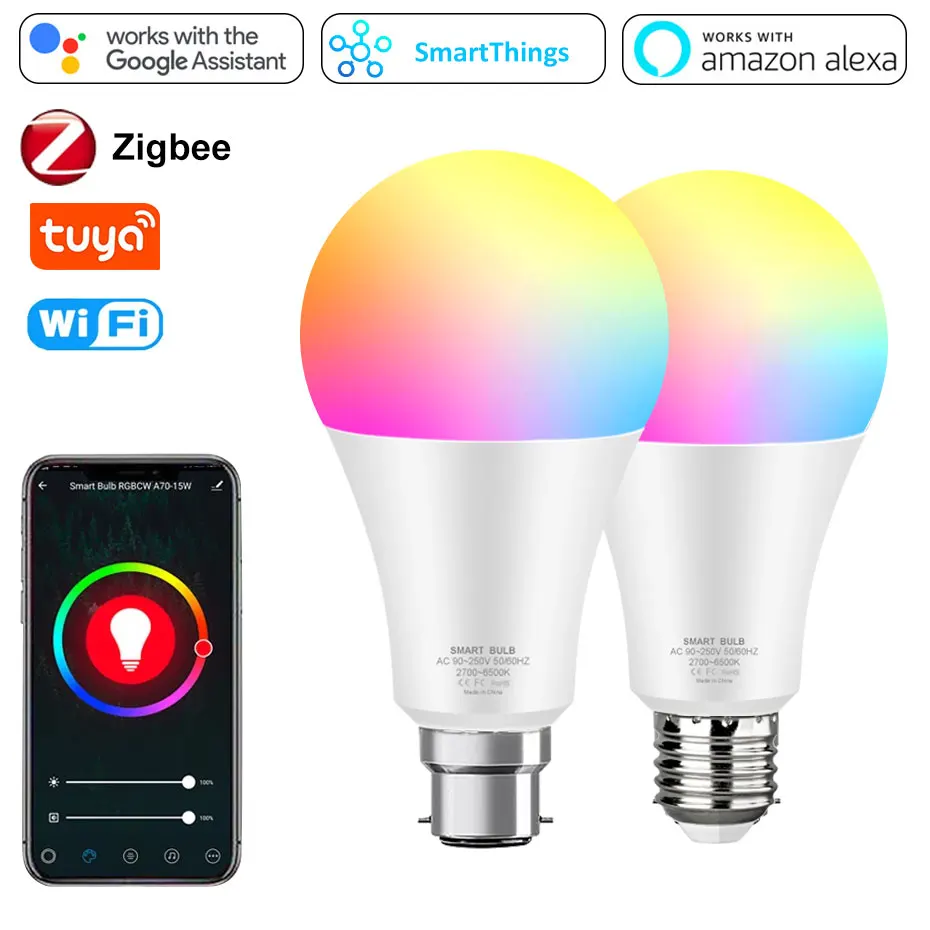 

Zigbee Tuya Smart Bulb LED E27 Light Bulbs 18W B22 RGB Color Changing Dimmable Magic Lamp Work With Alexa Google Home Assistant