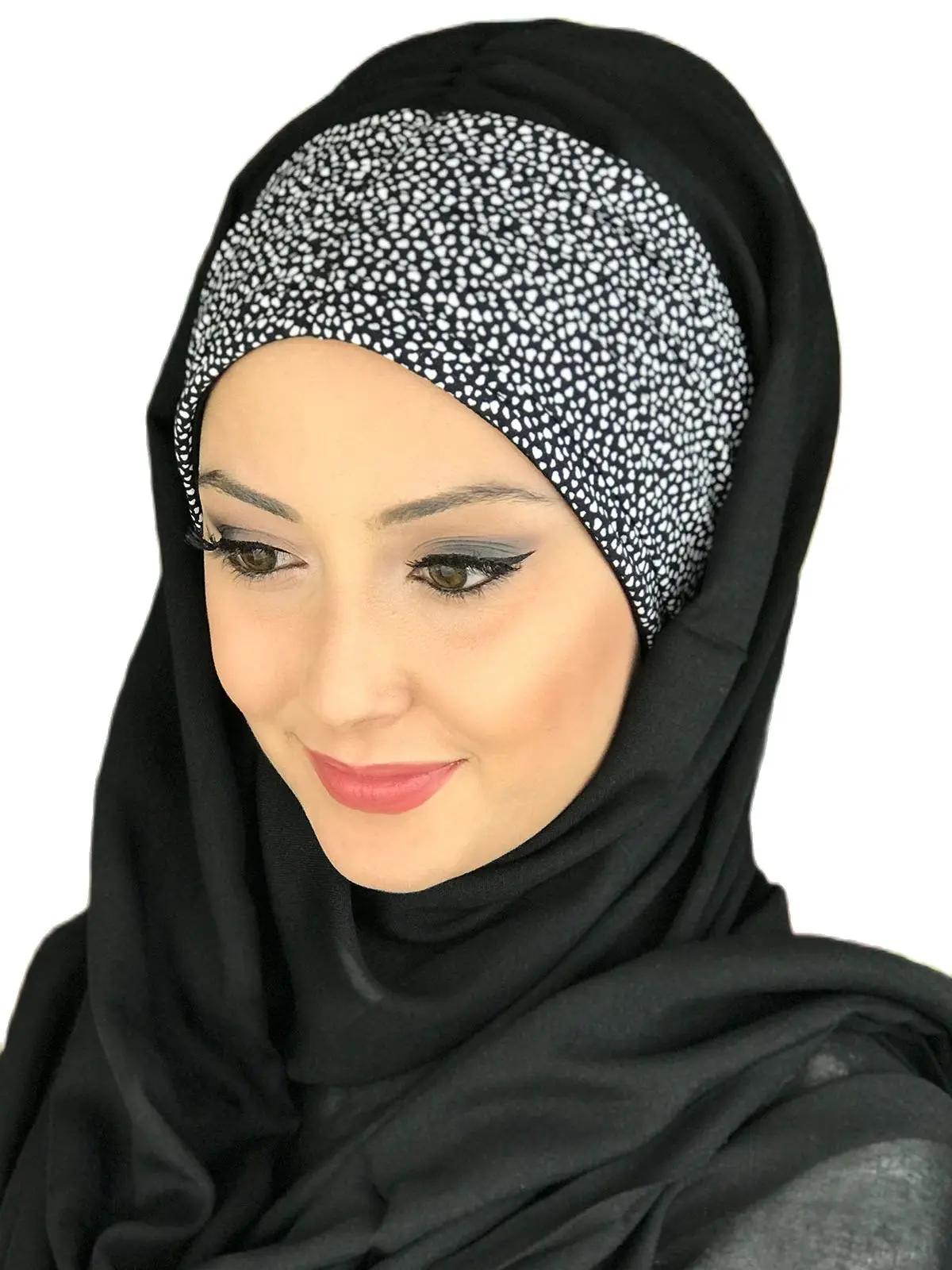 New Fashion 2021 Hijab Islamic Clothing Turban Women Hat Spring Summer Scarf Black Color White Dotted Shirred Ready Shawl