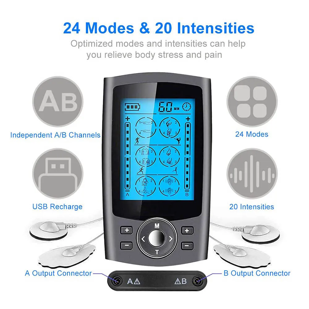 Dual Channel TENS Machine Pain Relief Treatment Machine Full Body Acupuncture Massager Muscle Stimulator with 24 Modes