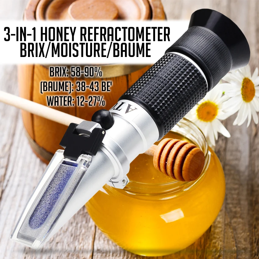 3-in-1 Honey Refractometer Brix/Moisture/Baume Tester Meter ATC, Tri-Scale 58-90%/12-27%/38-43Be\', Sugar Water Content Level