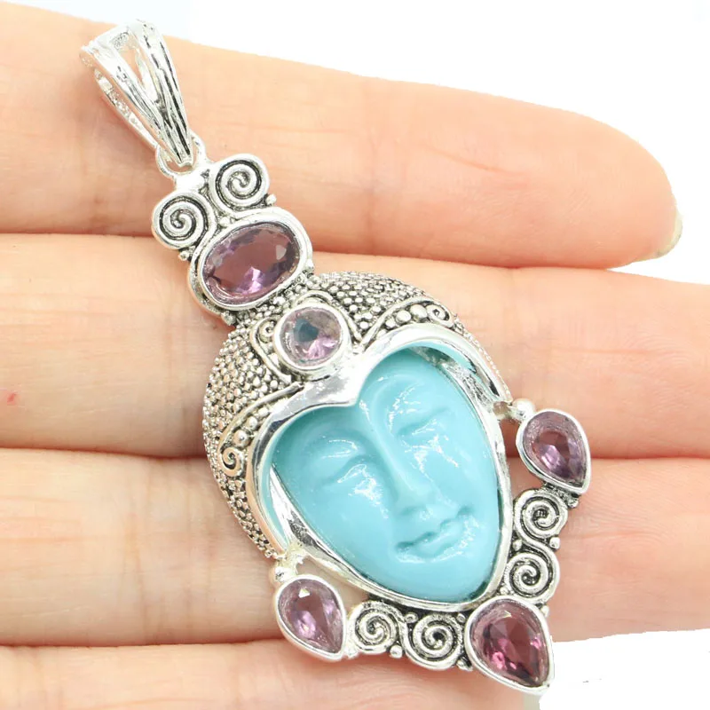 

61x27mm Awesome Long Big 13g Egypt Goddess Blue Turquoise Face Amethyst Tourmaline Silver Pendant