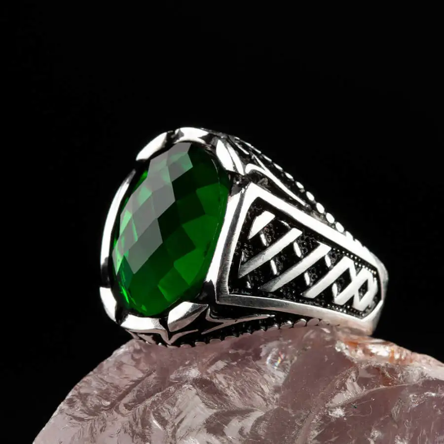 

Silver Mens Ring with Green Oval Zircon Stone Fashion Turkish Premium Quality Handmade Jawelery