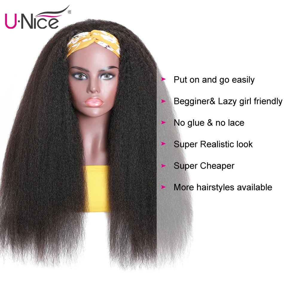 UNice Hair Kinky Straight Half Wig Human Hair Glueless Wig Ready To Wear Headband Wig