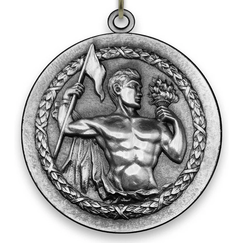 Large Metal Victory Male Silver Medal - 6,4 cm - with Neck Ribbon size 2,2cm x 80 cm -  Choice of Ribbon Colours.