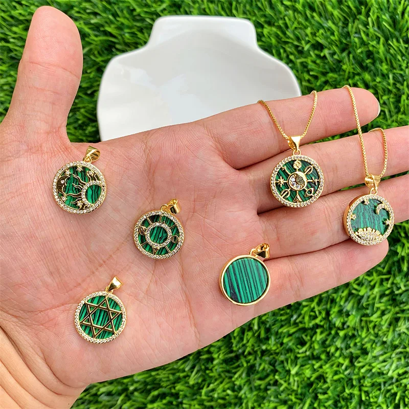 Imitation Malachite Pendant Charms With Cubic Zirconia Brass  Gold Plated 17x19mm Accessories For DIY Making Necklace