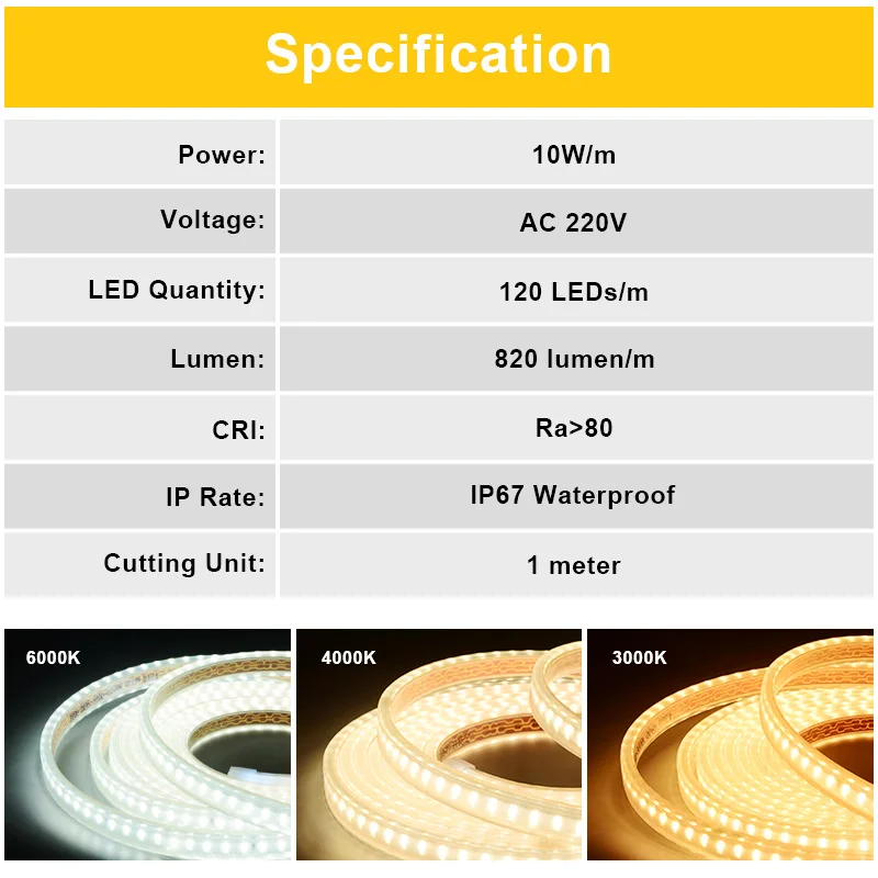 220V LED Strip 120LEDs/m 2835 Waterproof High Brightness LED Strip Lights Flexible High Safety Kitchen Outdoor Lighting Led Tape