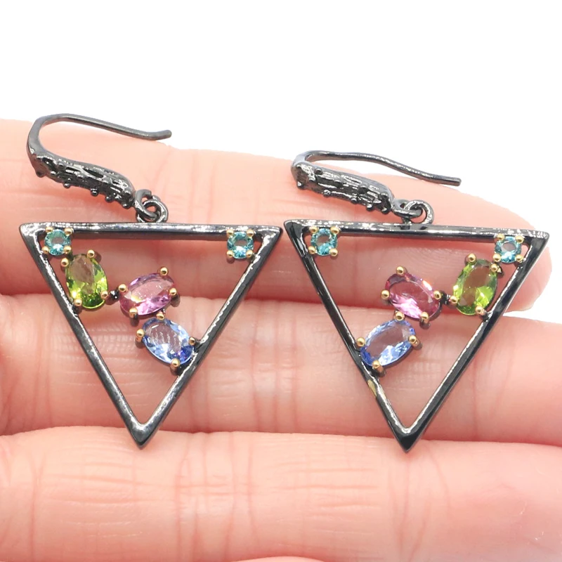 Buy 3 get 1 free 40x28mm Unique Jewelry Set Gothic Trangle  Tourmaline Peridot Tanzanite Black Gold Silver Pendant Earrings