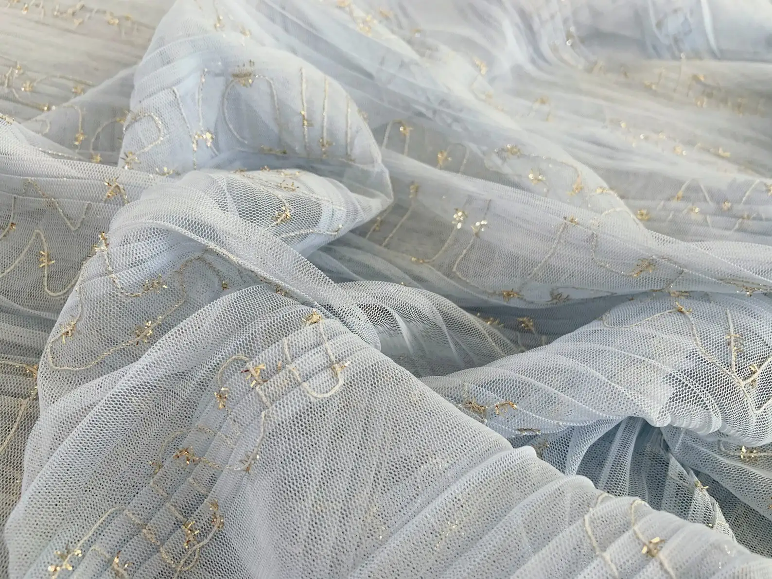 

Light blue Creased Tulle With Gold Shimmer Pleated Tulle Panel With Gold Threads Tulle With Vertical Crease Accordion