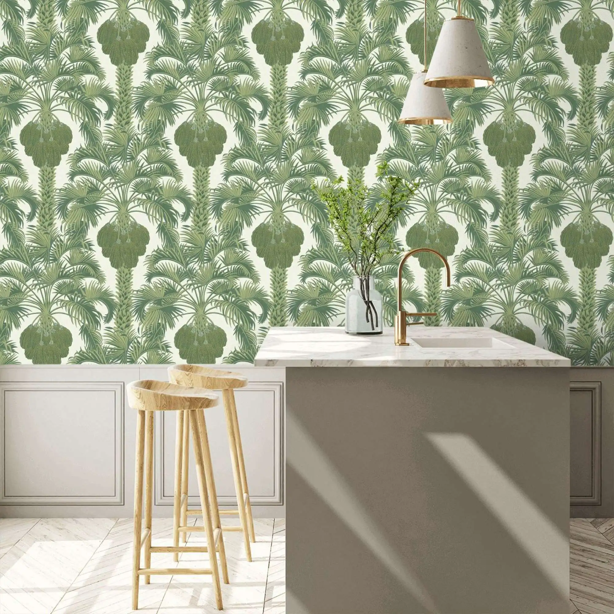 Hollywood Palm Wallpaper Tropical wallpaper beige back Green Palm in scandinavian style