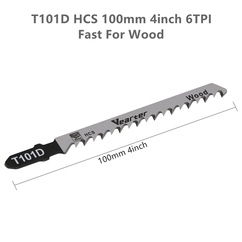 Vearter 5Pack T101D Jigsaw Blade 4inch 100mm HCS T-Shank 6TPI Fast Clean Cuts In Hard Soft Wood Plywood Plastics