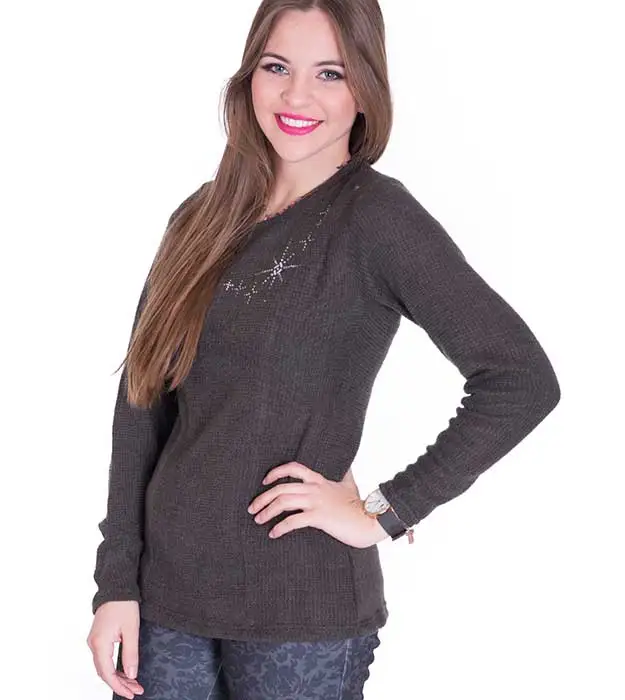 Wool Suerter in dark gray for young woman, with rhinestones adornment, a very warm fitted garment