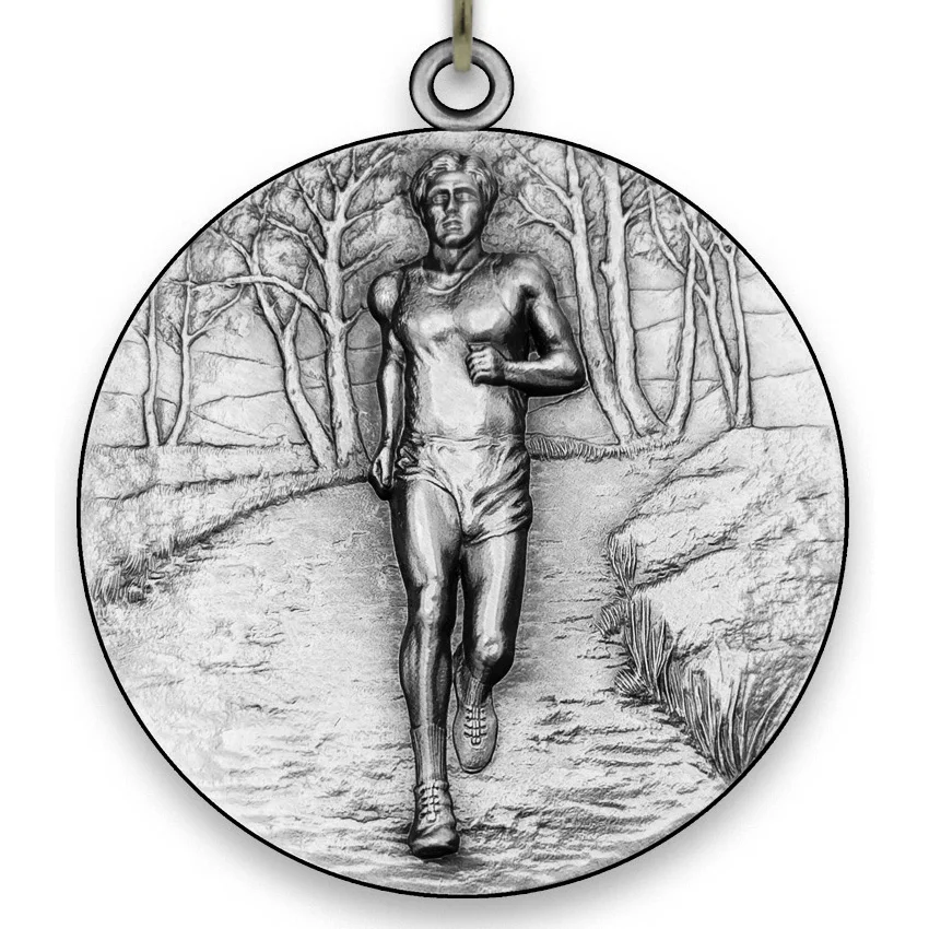 Large Metal Cross-Country Male Silver Medal - 6,4 cm - with Neck Ribbon size 2,2cm x 80 cm -  Choice of Ribbon Colours.