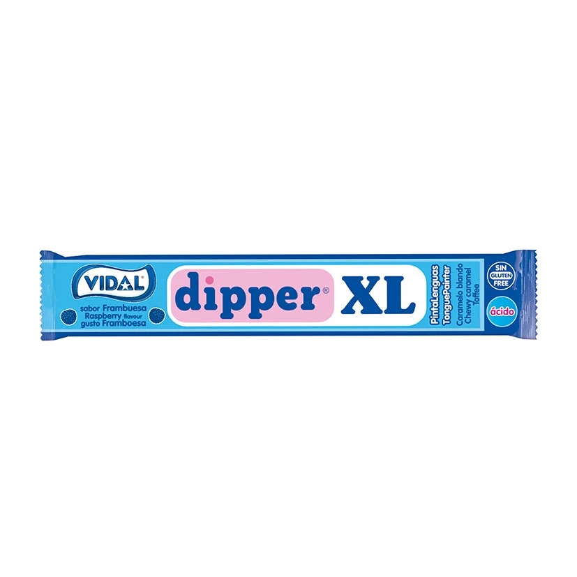 Vidal treats Dipper XL raspberry case 1Kg-flat chewy soft caramel with an intense raspberry flavor and a soft texture that makes it melt in every bite-paint your tongue blue