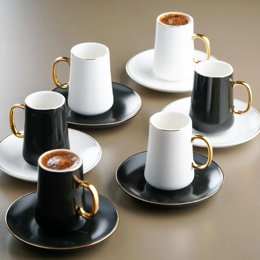 Matte Black - White 12 Piece Set of 6 Gold Coffee Cups Stylish Kitchen Accessories Tea and Coffee Set Espresso New House Gift