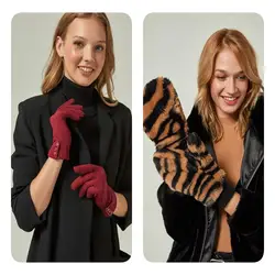 Turkish Quality Elegant Women Faux Fur Leather Cotton Polyester Gloves Autumn Winter New Fashion Female Warm Cute Wool Furry