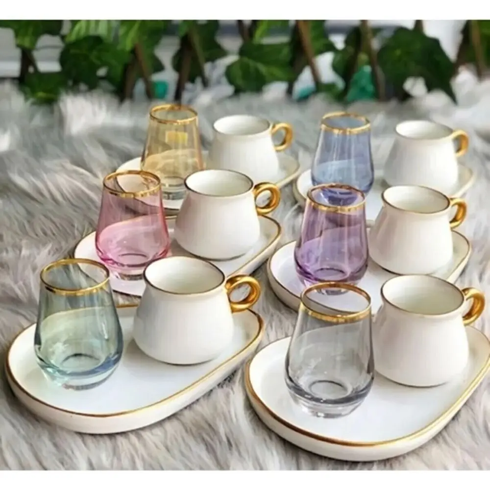 Luxury 6 Person Oval Coffee Cup with Serving Plate + 6 Person Water Glass Kitchenware Coffee Accessories Tea and Coffee Set