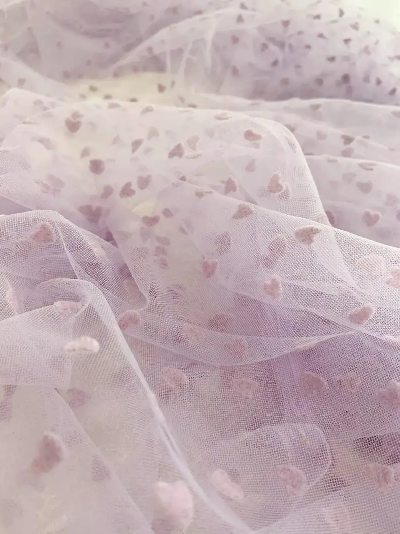 

1 yard Light Purple Tulle Lace Fabric With Velvet Hearts Tulle Mesh Fabric With Velvet Dot, New Arrival