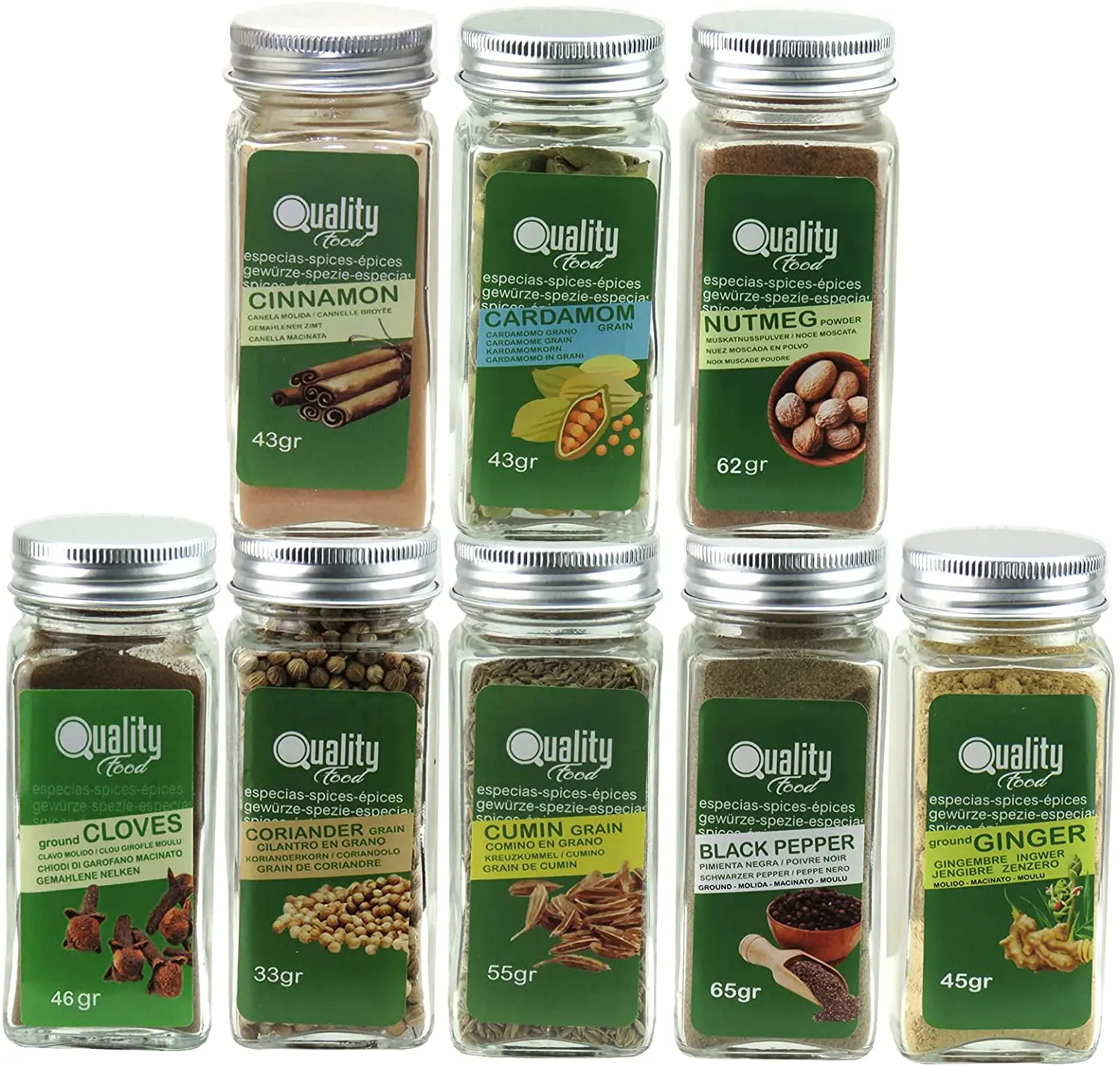 Pack de especias Árabes. Ideal para regalo y uso diario. 8 Tarros de cristal, reutilizables. Pimienta negra, cilantro y comino en grano, clavo,