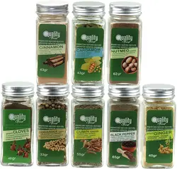Pack de especias Árabes. Ideal para regalo y uso diario. 8 Tarros de cristal, reutilizables. Pimienta negra, cilantro y comino en grano, clavo, cardamomo, canela, jengibre y nuez moscada.