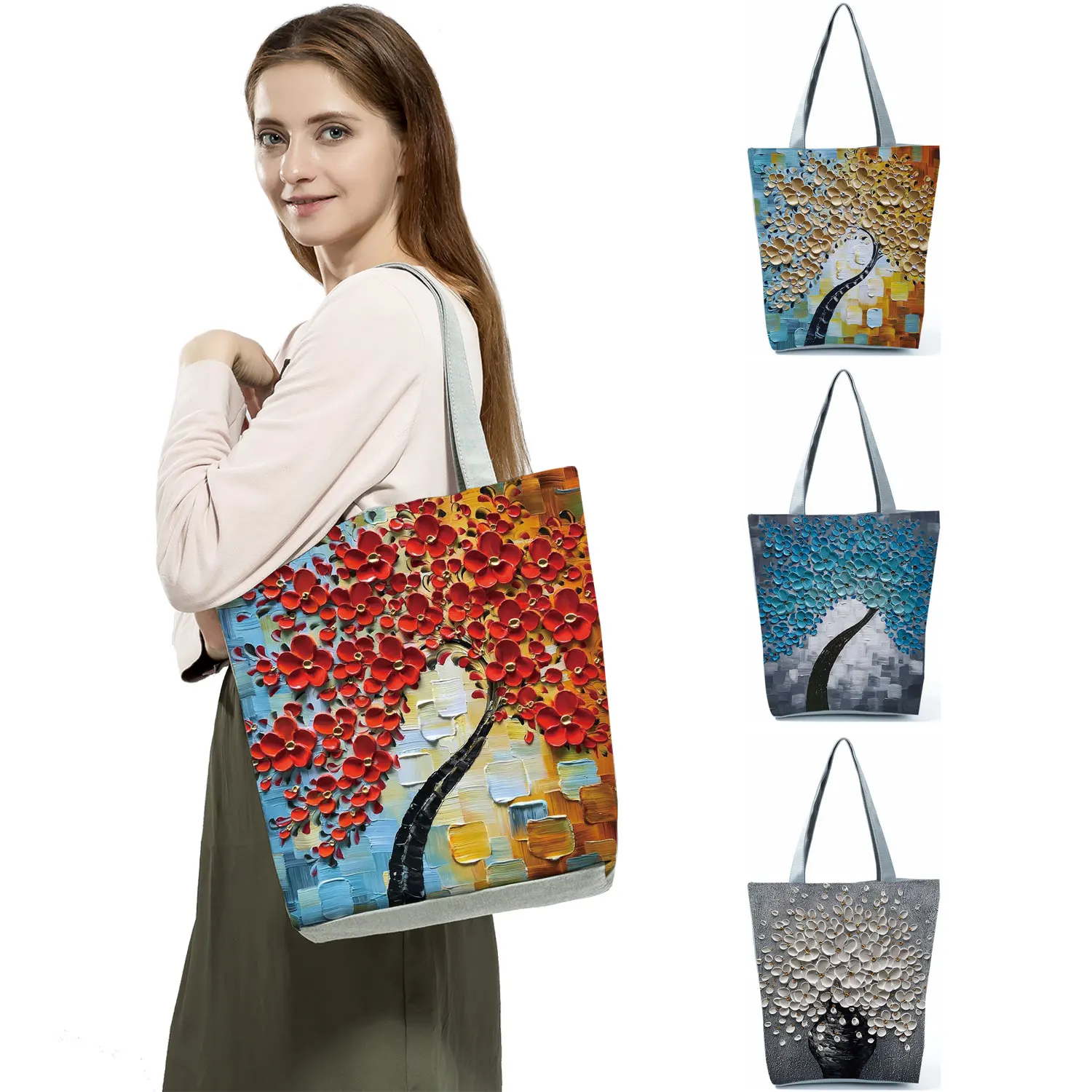 Customized Cherry Blossom Oil Paint Tote Bag For Women Lady Elegant Handbags High Capacity Reusable Eco Friendly Shopping Bags