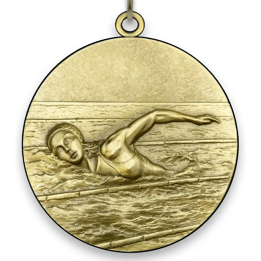 Large Metal-swimmimg Medal female-Gold-6,4 cm-with belt size 2,2cm x 80 cm, colores de Tape Choose.