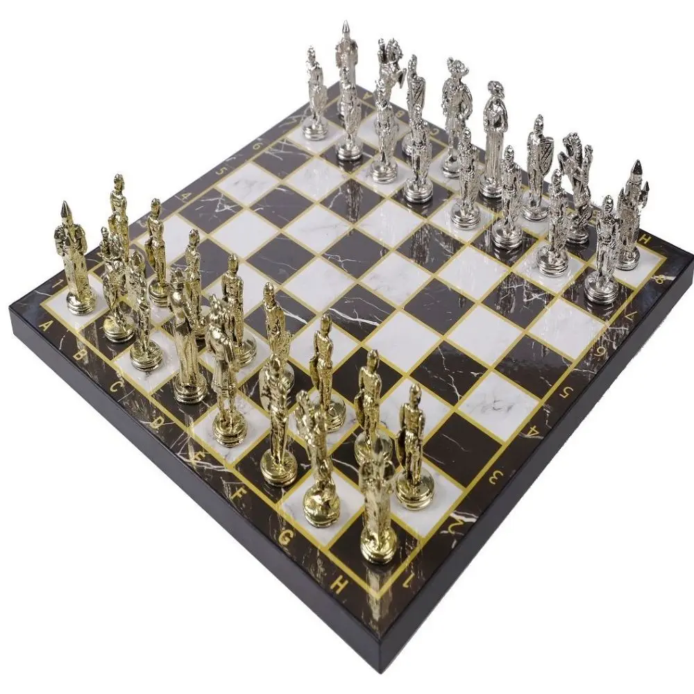 

Luxury Metal Chess Set Chrome Plated British Knight Army & Black Marble Pattern Board Chess Pieces Profesional Chess Set Gift