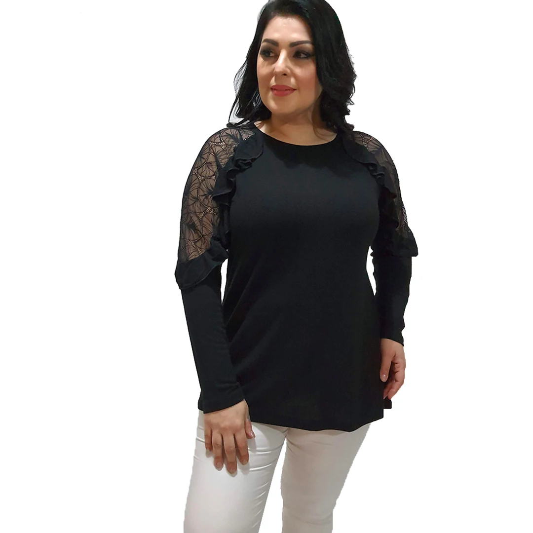 

Women’s Plus Size Transparent Detailed Sleeve Black Blouse, Designed And Made In Turkey, New Arrival