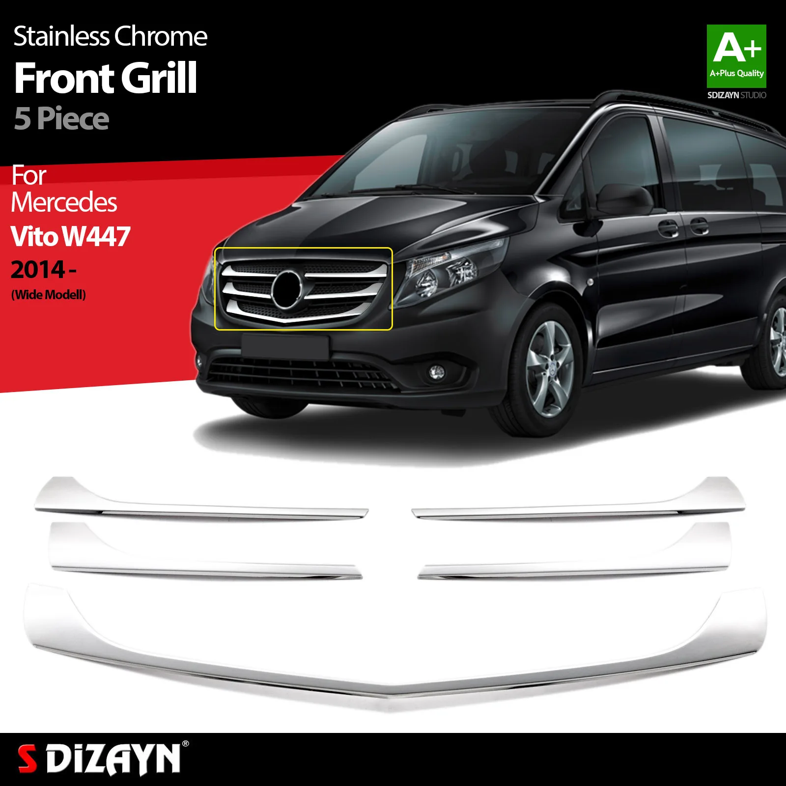 

S Dizayn For Mercedes Vito W447 Chrome Front Grill Stainless Steel 5 Pcs Exterior Car Accessories Parts Auto Products