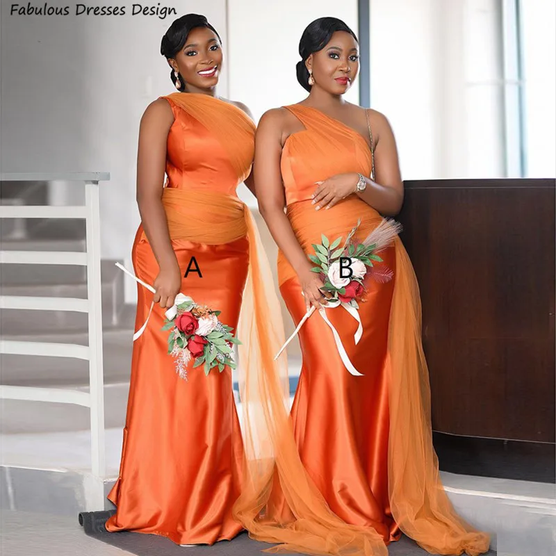 

Orange One Shoulder Bridesmaid Dresses Mermaid Streamer Elegant Long Wedding Party Dress For African Women Maid Of Honor