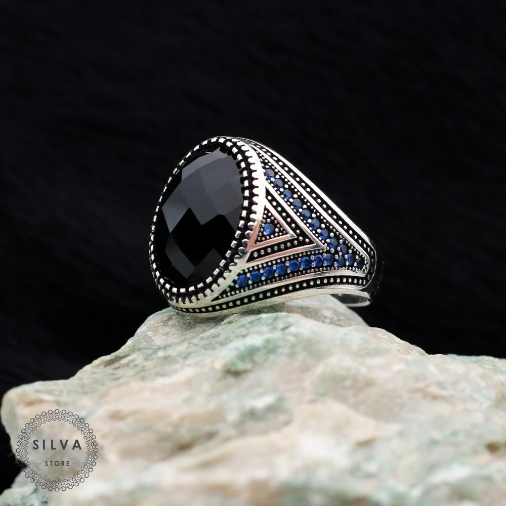 Original Sterling 925 Silver Men's ring With Black Zircon Stone . Men's Jewelry All Sizes Are Available