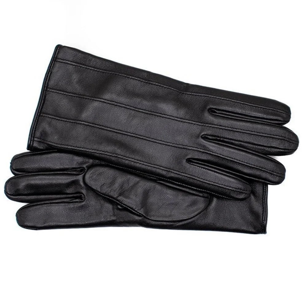 Black Winter Leather Genuine Gloves for Men QUALITY GUARANTEE Wool Fleece Lined Warm Gloves Lambskin HANDMADE WINDPROOF