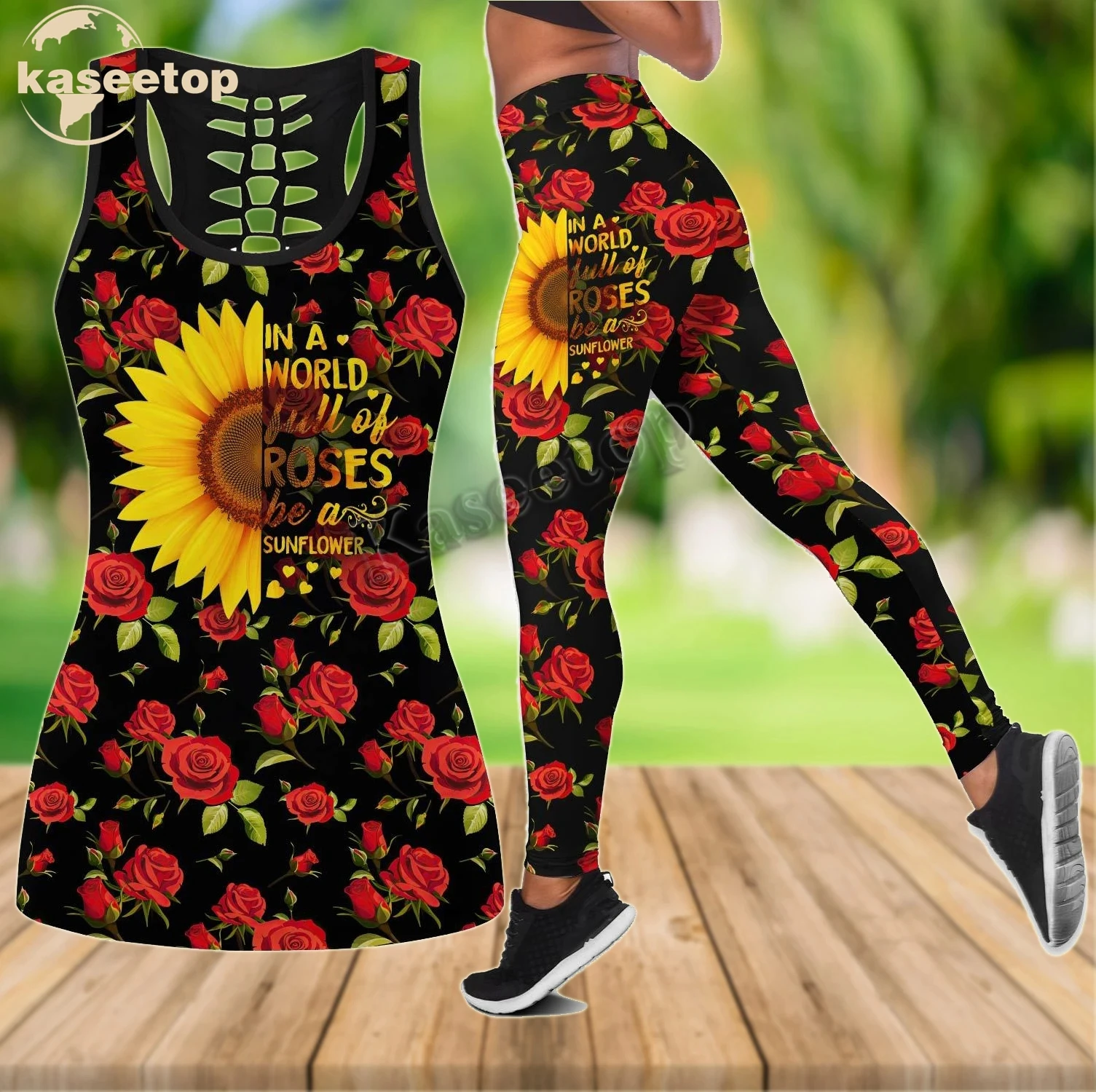 

3D Be A Sunflower In A World Of Roses Two Piece Yoga Set Women 3D Print Vest Hollow Out Hollow Tank & Legging Outfit Summer 148