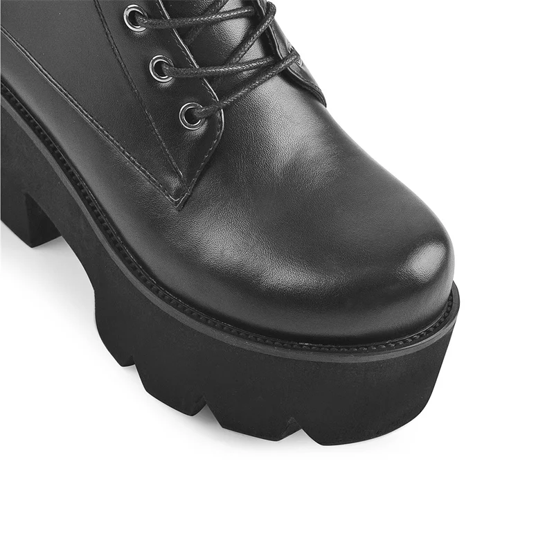 Onlymaker Women Round Toe Boots Metal Chain Platform Lace-up Matte Black Zipper Big Size Fashion Booties