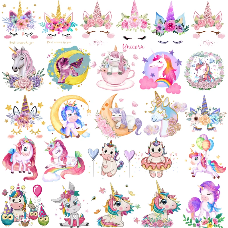 Rainbow Unicorn Heat Thermal Transfer For Clothing Stickers Cartoon Applique Iron-on Transfers For Clothes For Kids Clothes DIY