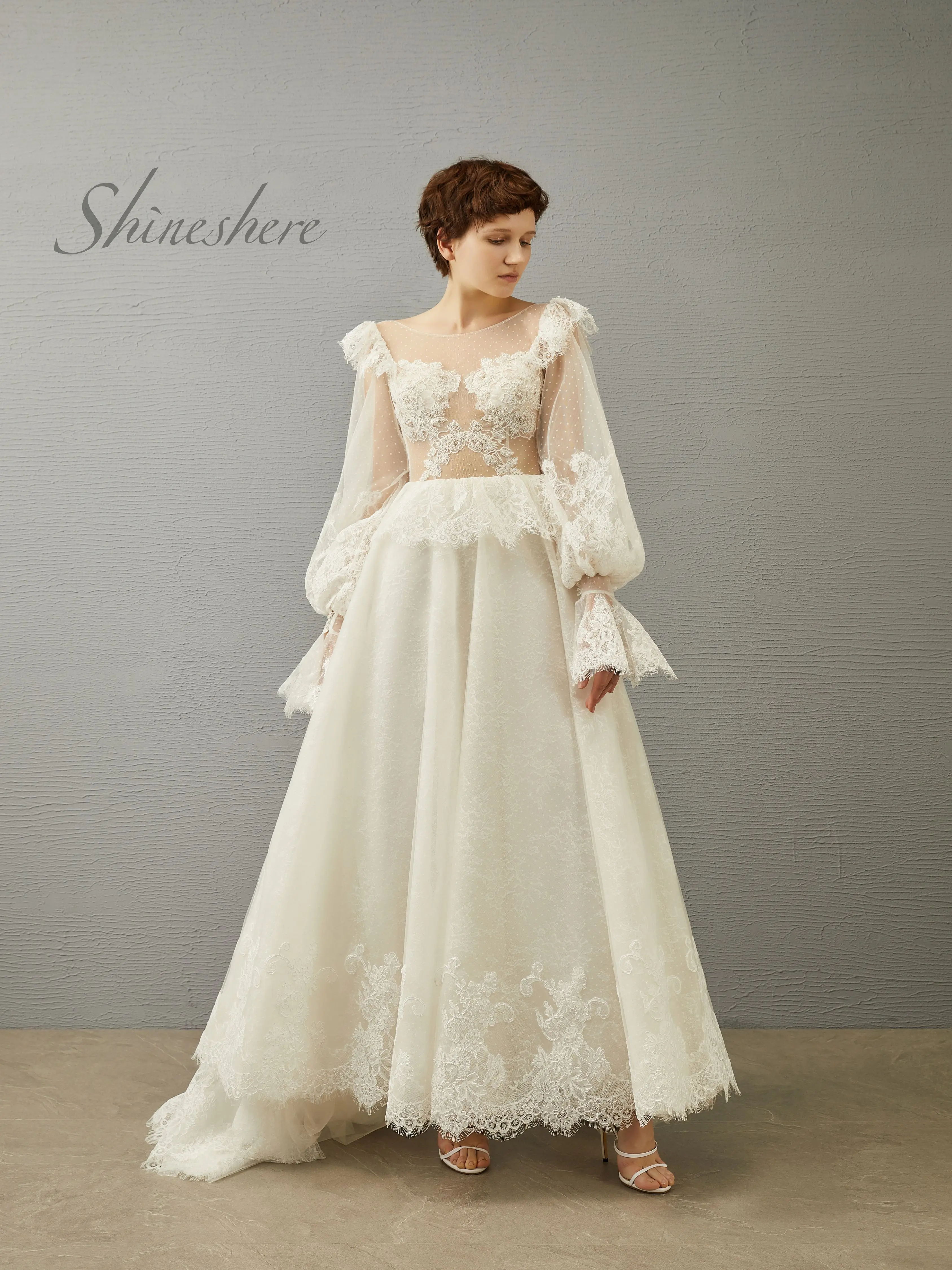 Fashion Scoop Neckline Long Sleeves Lace Appliques Ruffles Aline Wedding Dress Bridal Gown